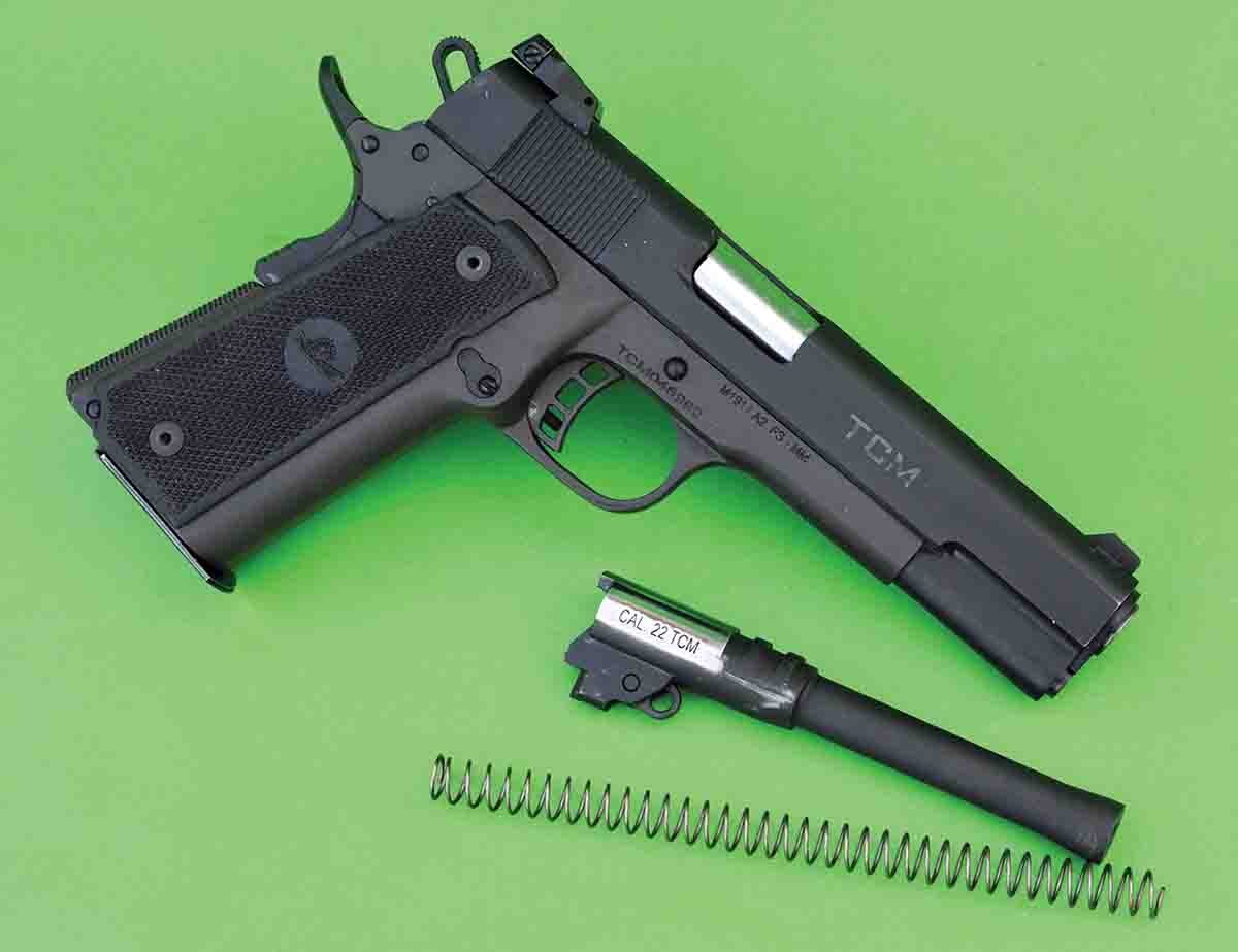 The Rock Island M1911 A2 is a combination gun that comes with a 22 TCM barrel and a 9mm Luger barrel.